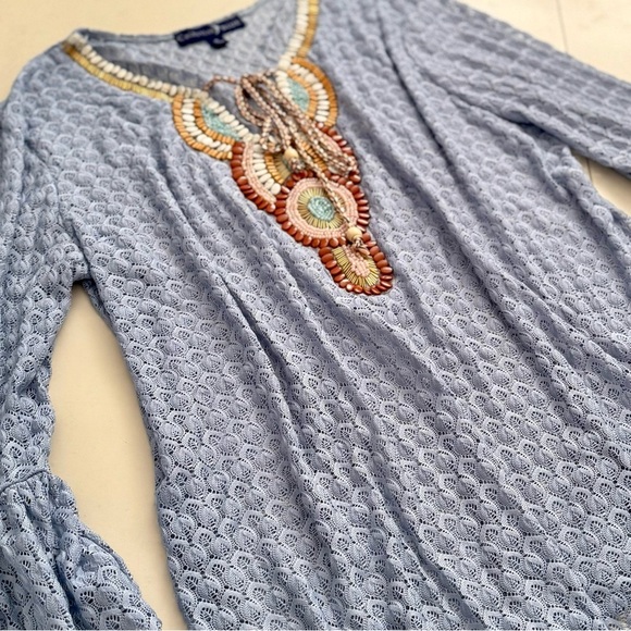 Celestial Blue Peasant Crochet Embroidered 70s Bohemian Bell Sleeves Top XL - Picture 4 of 5